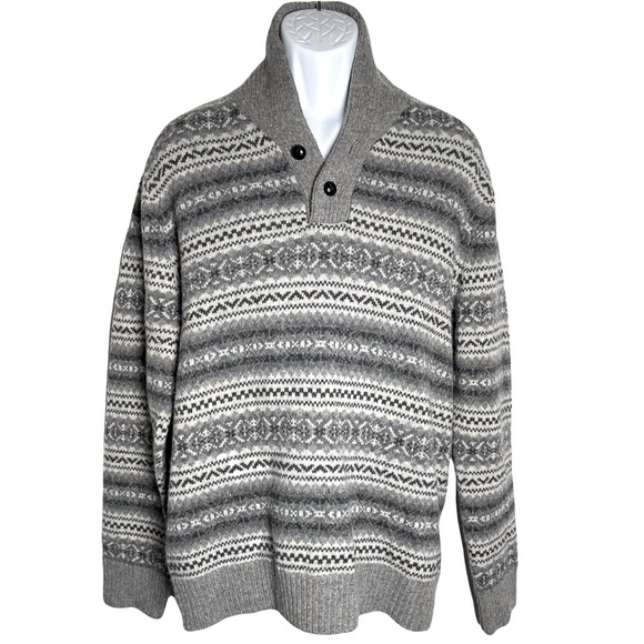 J. Crew Men’s Gray Shawl Collar 100% Lambswool Sweater with Nordic Pattern L - Picture 8 of 9